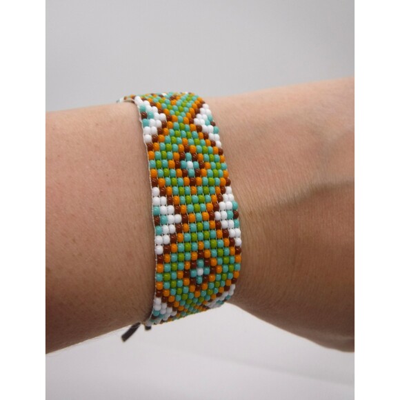 Loom Beaded Bracelet Brown, White & Orange Print - Picture 1 of 4